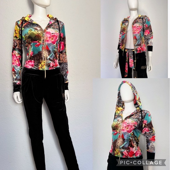 ESE Pants - WOMEN VELOUR TRACKSUIT 2P SET JACKET/BLACK PANTS LOUNGEWEAR FLORAL PRINT HOODED
